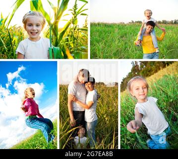 collage of happy family spending time outdoors Stock Photo