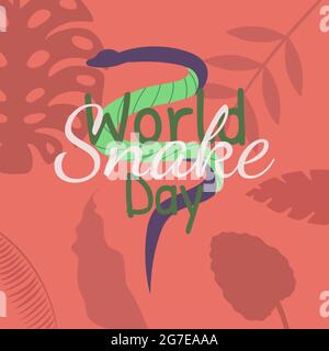 World snake day illustration. Vector hand drawn illustration with snake, jungle leaf and lettering in warm red and green color. Stock Vector