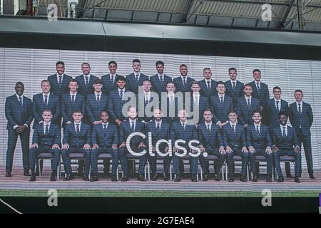 WATERLOO LONDON  13 July 2021.  The England national football team is displayed on a digital  board above the concourse at Waterloo station. The England national football team lost on penalties to Italy at the Uefa Euro 2020 final at Wembley. Several England players Marcus Rashford, Jadon Sancho & Bukayo Saka have received racial abuse on social media  after missing penalties during the final. Credit amer ghazzal/Alamy Live News Stock Photo