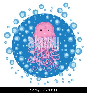 Funny jellyfish hand drawn among water bubbles. Cute marine life, Scandinavian style, detailed. Stock Vector