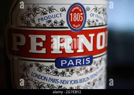 Viersen, Germany - May 9. 2021: Closeup of bottle label with pernod ricard logo lettering (focus on right part of big letter R) Stock Photo