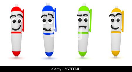 3D Rendering of four funny pens with different facial expressions on white Stock Photo