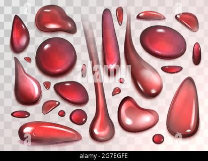 Red drops of wine, water, juice or blood isolated on transparent background. Vector realistic liquid droplets of cherry, strawberry or pomegranate juice, fruit drink. Different shaped clear bubbles. Stock Vector