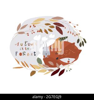 Cartoon Little Fox sleeping with Rabbit in Autumn Wreath Stock Vector