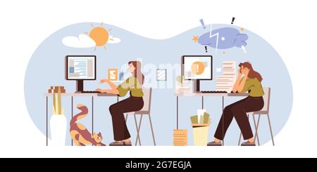 Professional burnout syndrome vector illustration. Happy and exhausted woman office worker sitting at the table with high and low energy levels. Concept of stress, tiredness, mental health problems. Stock Vector