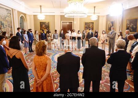 Madrid, Spain. 13th July, 2021. The Kings of Spain Felipe VI and Letizia with the Princess of Asturias the Infanta Sofia audiences with the schools of the world united sponsors and students bcados in Madrid, Tuesday, July 13, 2021 Credit: CORDON PRESS/Alamy Live News Stock Photo