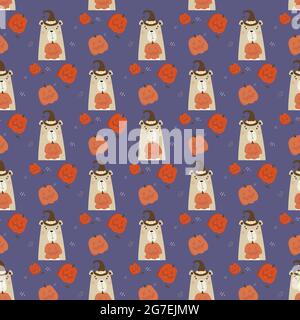Seamless pattern with Halloween bear. Cute Animal in witch hat with a pumpkin Jack on purple background with orange pumpkins. Vector illustration In f Stock Vector
