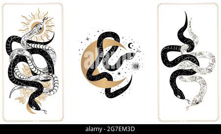 Magical snakes tarot cards. Occult hand drawn tarot cards, esoteric spiritual snakes wisdom symbol cards vector illustration set. Magic snake tarot ca Stock Vector