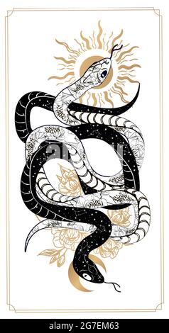 Magic snake tarot cards. magic occult esoteric astrology. Boho chic tattoo, poster, tapestry or altar veil print design vector illustration Stock Vector