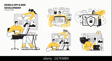 Web development agency abstract concept vector illustration set. Front and back end development, responsive web design, website interface, coding and Stock Vector