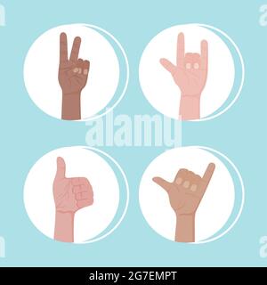 human hands doing signs in circles on blue background Stock Vector