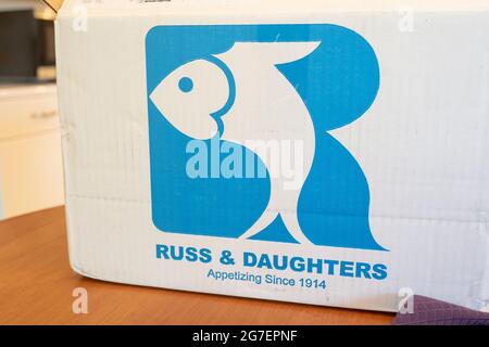 Box with logo for New York City classic deli Russ and Daughters, founded in 1914, in Lafayette, California, June 15, 2021. () Stock Photo