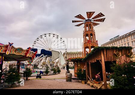 POZNAN, POLAND - Nov 26, 2017: The yearly Christmas market and High Ferris wheel in Poznan Stock Photo