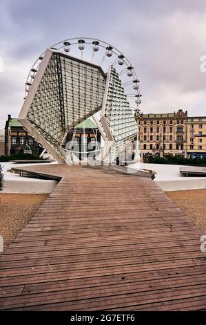 POZNAN, POLAND - Nov 26, 2017: The Freedom water fountain on the Plac Wolnosci square Stock Photo