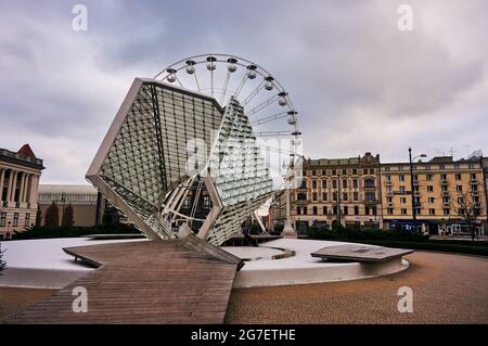 POZNAN, POLAND - Nov 26, 2017: he Freedom water fountain on the Plac Wolnosci square Stock Photo