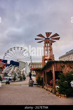 POZNAN, POLAND - Nov 26, 2017: The yearly Christmas market and High Ferris wheel in Poznan Stock Photo