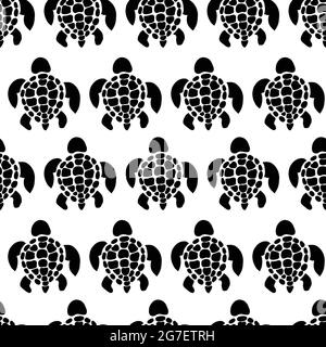 Sea turtles seamless vector pattern. Turtle silhouettes repeating background monochrome. Black sea animals top view. Use for fabric, wrapping Stock Vector