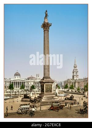 VICTORIAN LONDON [Trafalgar Square National Gallery & Saint Martin in the Fields Church, London, England] NELSONS COLUMN TRAFALGAR SQUARE 1900 Victorian London. Trafalgar Square Date Created/Published: [ca. 1890-1906] color photochrom Horse drawn buses carriages taxis Stock Photo