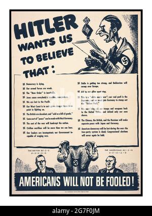 Vintage WW2 anti Nazi Propaganda Poster featuring a caricature  cartoon Dr Joseph Goebbels with swastika armband, reading a list of Nazi political distortions.. “ Hitler wants us to believe” ‘Americans will not be fooled’ American anti Nazi Propaganda World War II Stock Photo