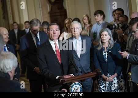 Washington, United States. 13th July, 2021. Senator John Barrasso (R-WY) speaks at a news conference with Republican leadership following the weekly caucus luncheon at the U.S. Capitol in Washington, DC on Tuesday, July 13, 2021. Photo by Sarah Silbiger/UPI Credit: UPI/Alamy Live News Stock Photo