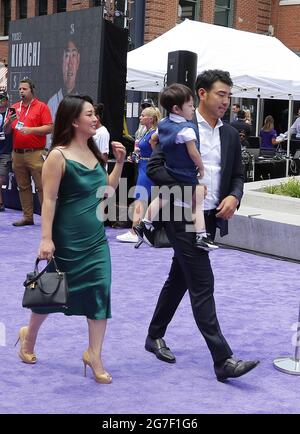 Denver, United States. 13th July, 2021. Seattle Mariners pitcher Yusei  Kikuchi arrives with his family to the MLB All-Star Red Carpet Show at  Coors Field in Denver, Colorado, on Tuesday, July 13