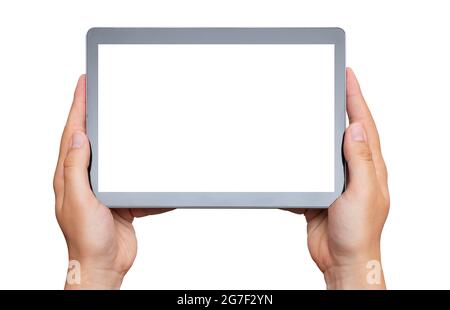Hand holding digital tablet, placeholder for app, blank screen mockup Stock Photo