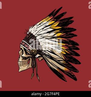 Hand drawing of a skull in a headdress of an Apache Indian for printing on T-shirts, bags, hoodies, mugs, design. Vector illustration Stock Vector
