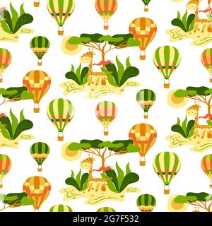 Childish seamless pattern with hot air balloons, giraffe and savanna on a white background. Vector kids texture with cute giraffe and hot air balloon. Stock Vector