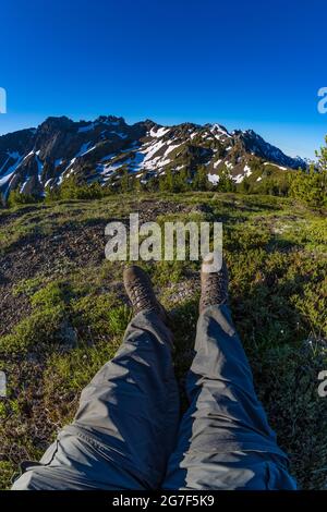 Backpacker resting in a subalpine meadow near Marmot Pass in the Buckhorn Wilderness, Olympic National Forest, Olympic Mountains, Washington State, US Stock Photo