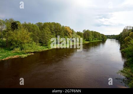 deciduous forest and the wide-spread Warta River in Poland Stock Photo