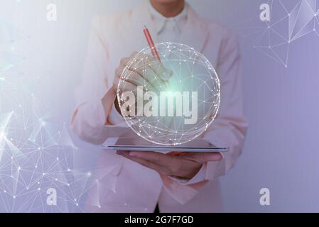 Woman In Suit Holding Tablet With Circular Holographic Technology Display. Lady In Uniform Displaying And Visualizing Mobile Network With Futuristic Stock Photo