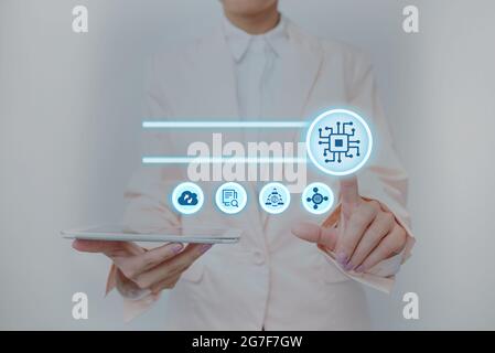 Lady In Uniform Standing Holding Tablet And Pressing On Virtual Button. Business Woman Carrying Pad Tapping Switch Showing New Futuristic Technologies Stock Photo
