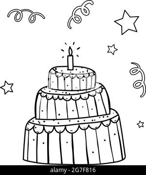 Cute Birthday Cake Coloring Book Page Stock Vector