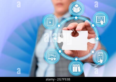 Business Woman Holding Jigsaw Puzzle Piece Unlocking New Futuristic Technologies. Palm Carrying Puzzles Part Displaying Solving Late Innovative Stock Photo