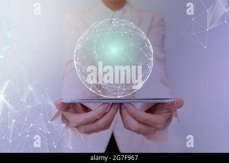 Woman In Suit Holding Tablet With Circular Holographic Technology Display. Lady In Uniform Displaying And Visualizing Mobile Network With Futuristic Stock Photo