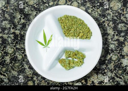 https://l450v.alamy.com/450v/2g7fa2h/top-view-of-tray-with-crushed-cannabis-marijuana-buds-and-leaf-on-a-marble-table-2g7fa2h.jpg