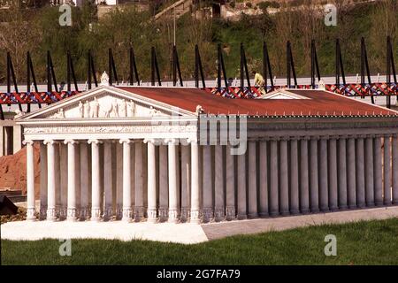Artemis Temple at the Miniaturk miniature park on Golden Horn in Istanbul, Turkey. Miniaturk is one of the world's largest miniature parks. Stock Photo