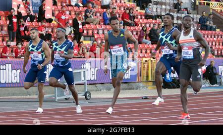 Gateshead, England, UK. 13th July, 2021. Competitors approach the finish line in the men's 100 metres final, during the Gateshead 2021 Müller British Grand Prix, at Gateshead International Stadium. Credit: Iain McGuinness/Alamy Live News Stock Photo