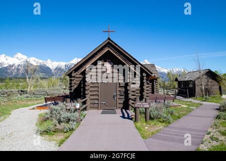 Chapel of the transfiguration Episcopal in Jackson Hole Wyoming in May, horizontal Stock Photo