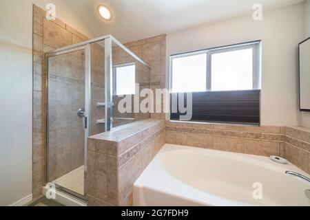 Shower stall and bathtub inside a bathroom with window Stock Photo