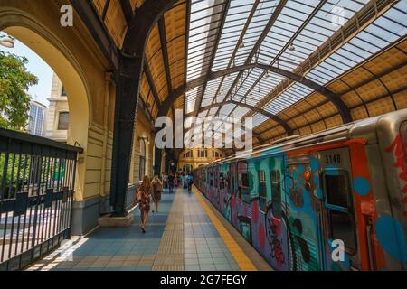 PIRAEUS, ATTICA, GREECE- JULY 2017. Inside the historical train (& metro) station at the port of Piraeus. Urban scenery with traffic of travelers and Stock Photo