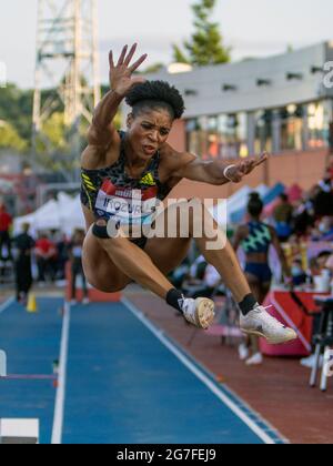 Gateshead, England, UK. 13th July, 2021. Abigail Irozuru of Great Britain in action during the women's long jump final, during the Gateshead 2021 Müller British Grand Prix, at Gateshead International Stadium. Credit: Iain McGuinness/Alamy Live News Stock Photo