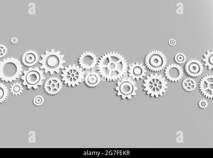 Line of white 3D gears on grey background for industry or technology concept 3D rendering Stock Photo