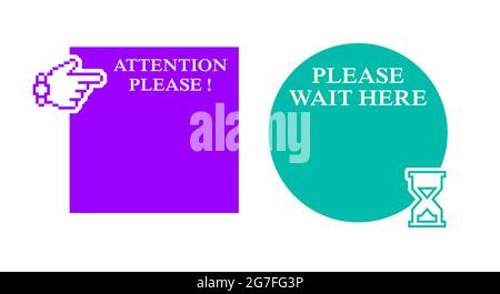 Attention square sign with pixel hand cursor and round wait sign with hourglass. Empty text boxes, speech bubbles or quote frames. Isolated vector ill Stock Vector