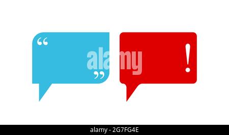 Chat bubbles with commas and exclamation mark. Empty text boxes or quote frames. Isolated vector illustration. Stock Vector