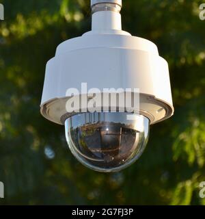 Close-up view of a CCTV closed circuit public security camera with a glass dome suspended in a park in front of trees and foliage Stock Photo