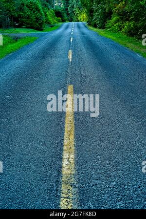 A vertical image of a two lane highway in rural British Columbia Canada. Stock Photo