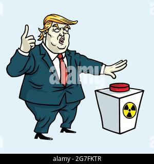 Donald Trump Shouting and Ready to Push the Red Button. Cartoon Vector Illustration Stock Vector