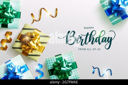 Birthday gifts vector design. Happy birthday greeting text with gift boxes and ribbon lasso party elements for birth day surprise celebration card. Stock Vector