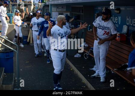 Los Angeles Dodgers first basemen Albert Pujols (55) celebrates a